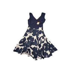 Musol Navy Blue Floral Fit Flare Dress Size Small V Neck Sleeveless Midi